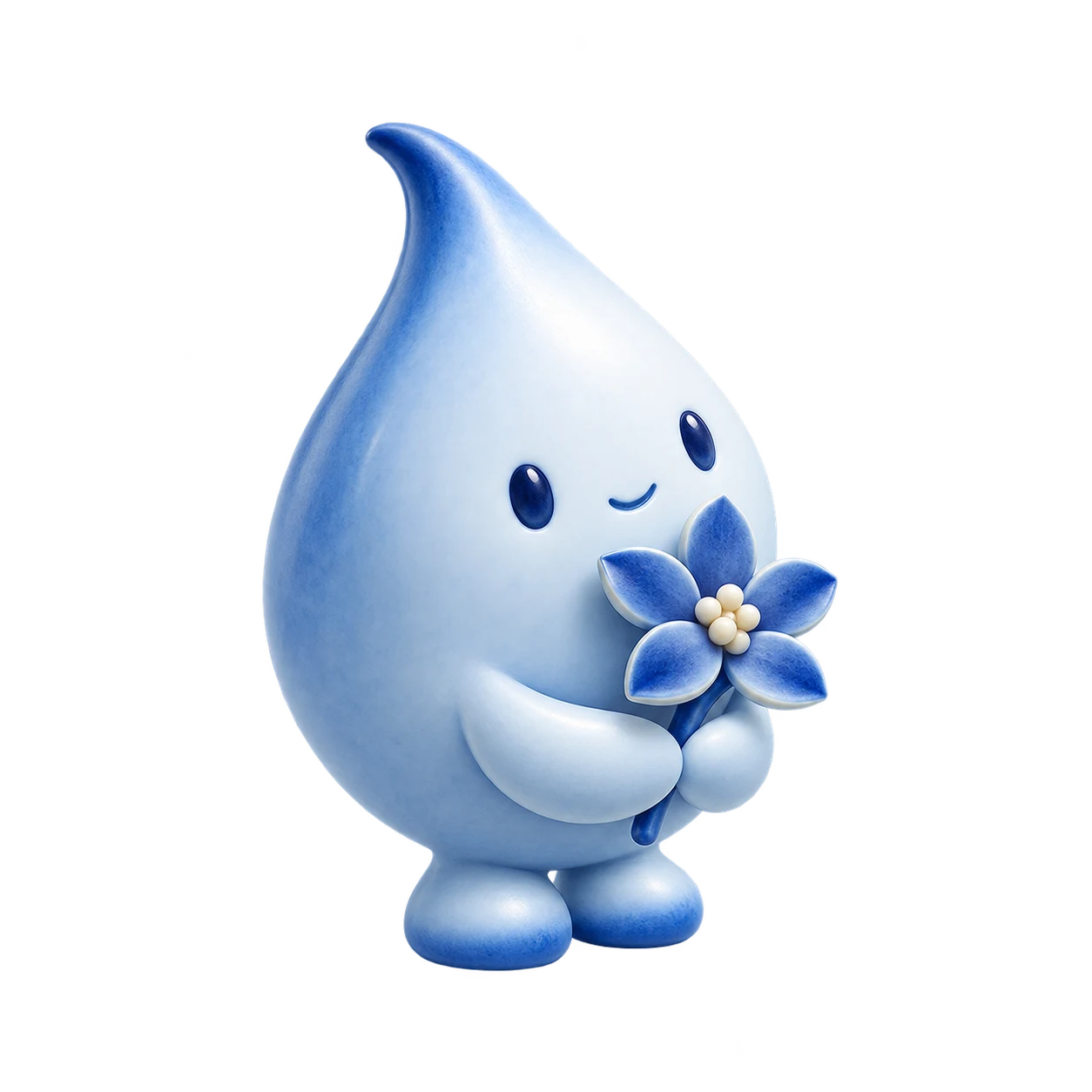 A friendly blue water droplet holding a flower