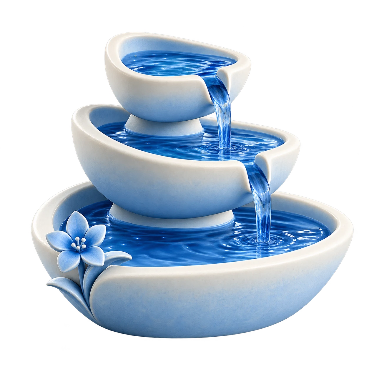 A sculptural three-tier fountain sharing blue water between widening porcelain bowls